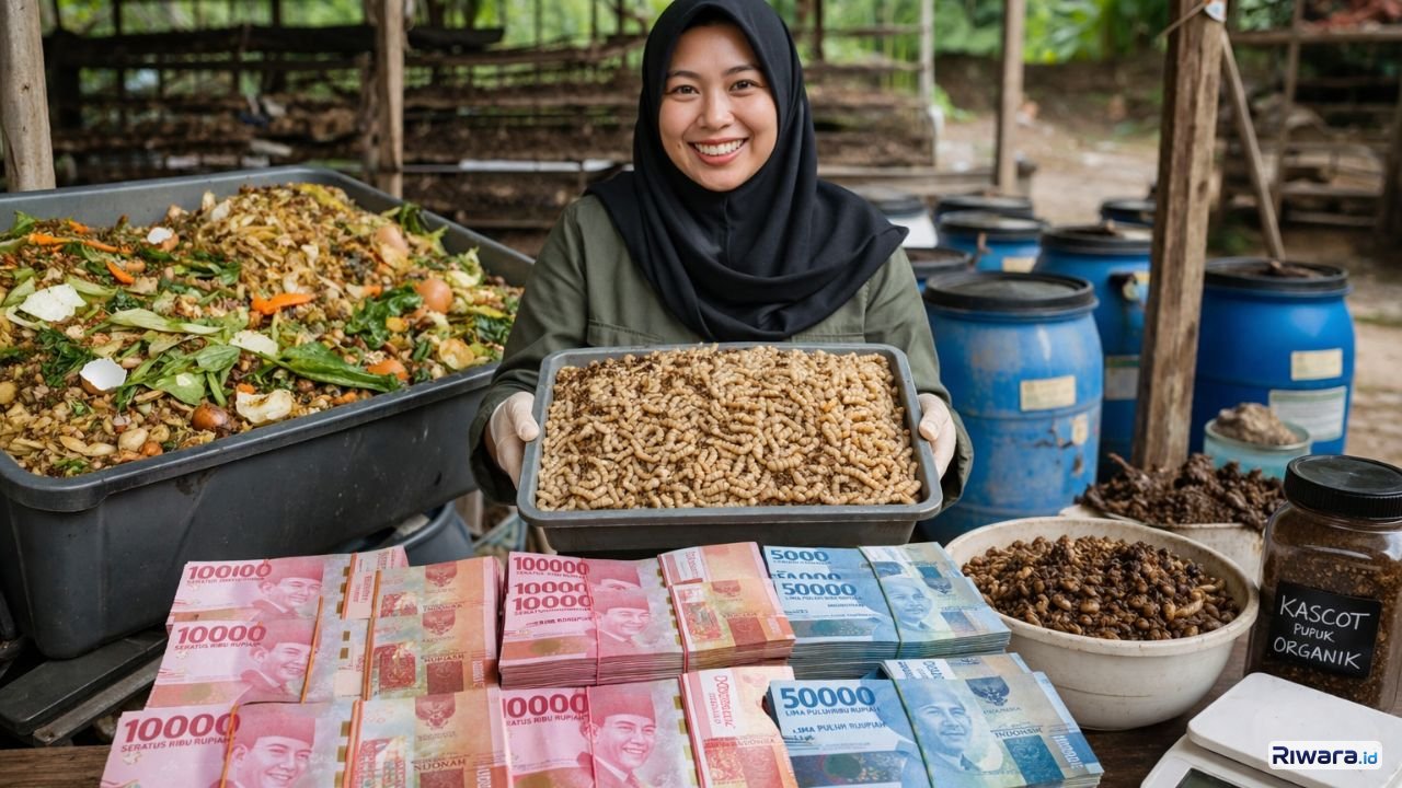 Ilustrasi proses budidaya maggot dari sampah organik rumah tangga sebagai peluang usaha